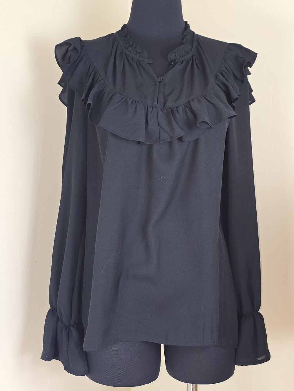 TIMING Black Ruffled Chiffon Poet Blouse NEW L
